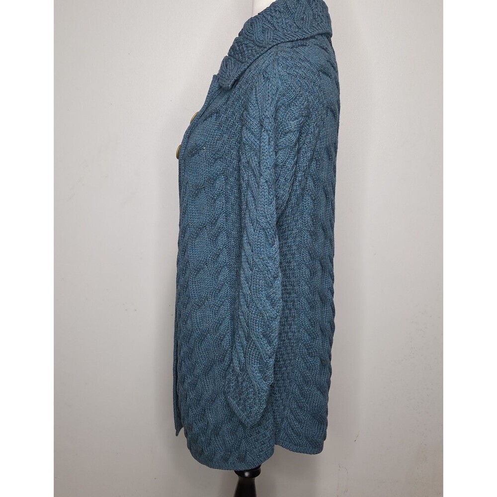 Aran Woollen Mills Cardigan Womens 2XL XXL Teal Merino Wool Cable Knit Sweater - Picture 2 of 8